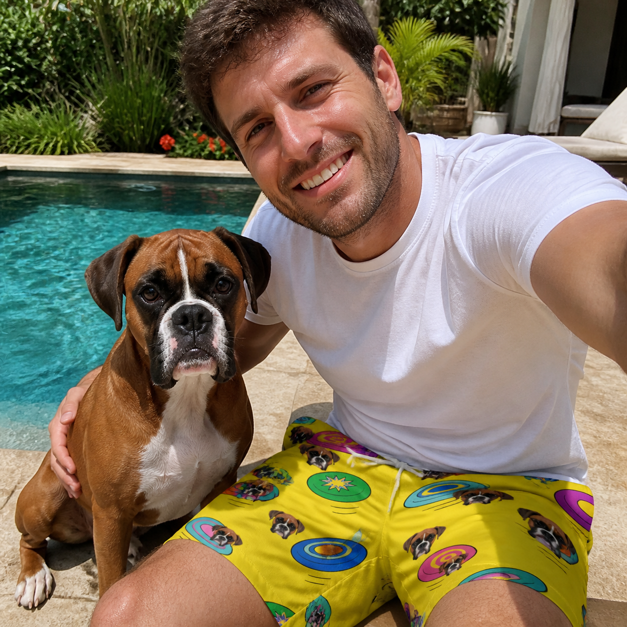 Selfie with the pet whose face is printed all over this Men's Fetch Flight Custom Dog Face Beach Shorts