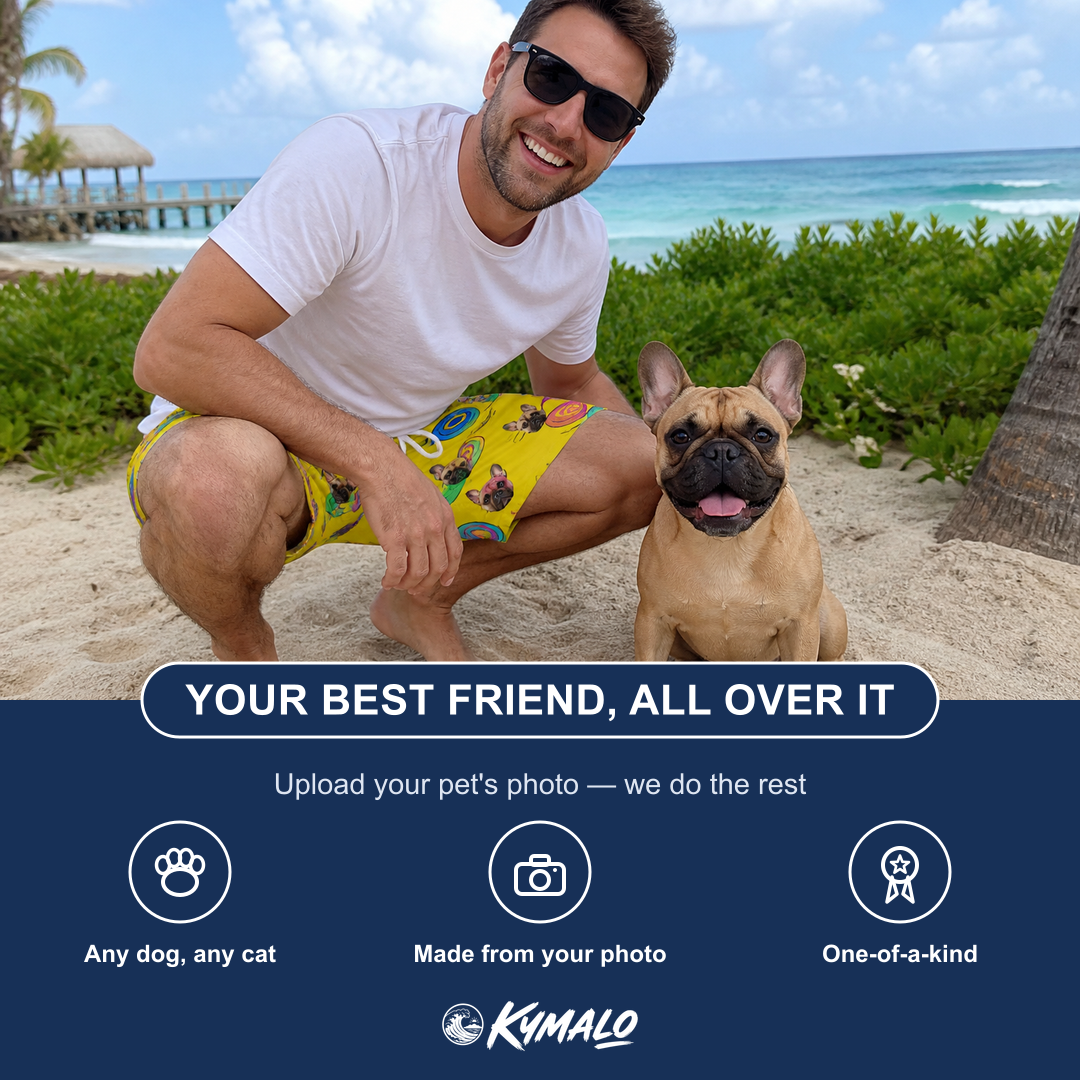 Friends in matching Men's Fetch Flight Custom Dog Face Beach Shorts — a group gift photo