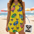 Woman wearing Women's Fetch Flight Custom Dog Face Tank Dress — custom faces printed all-over