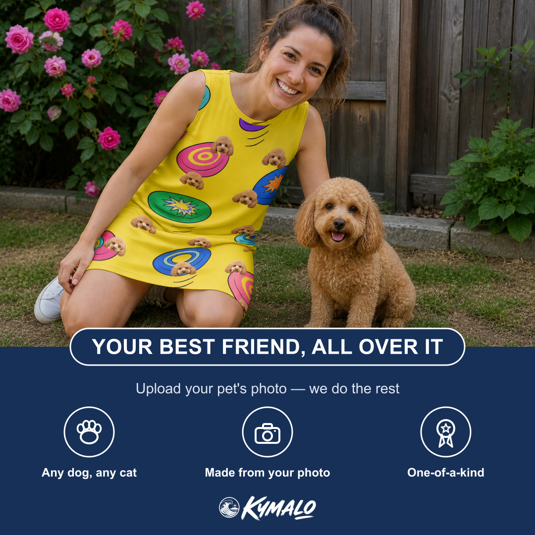 Friends in matching Women's Fetch Flight Custom Dog Face Tank Dress — a group gift photo