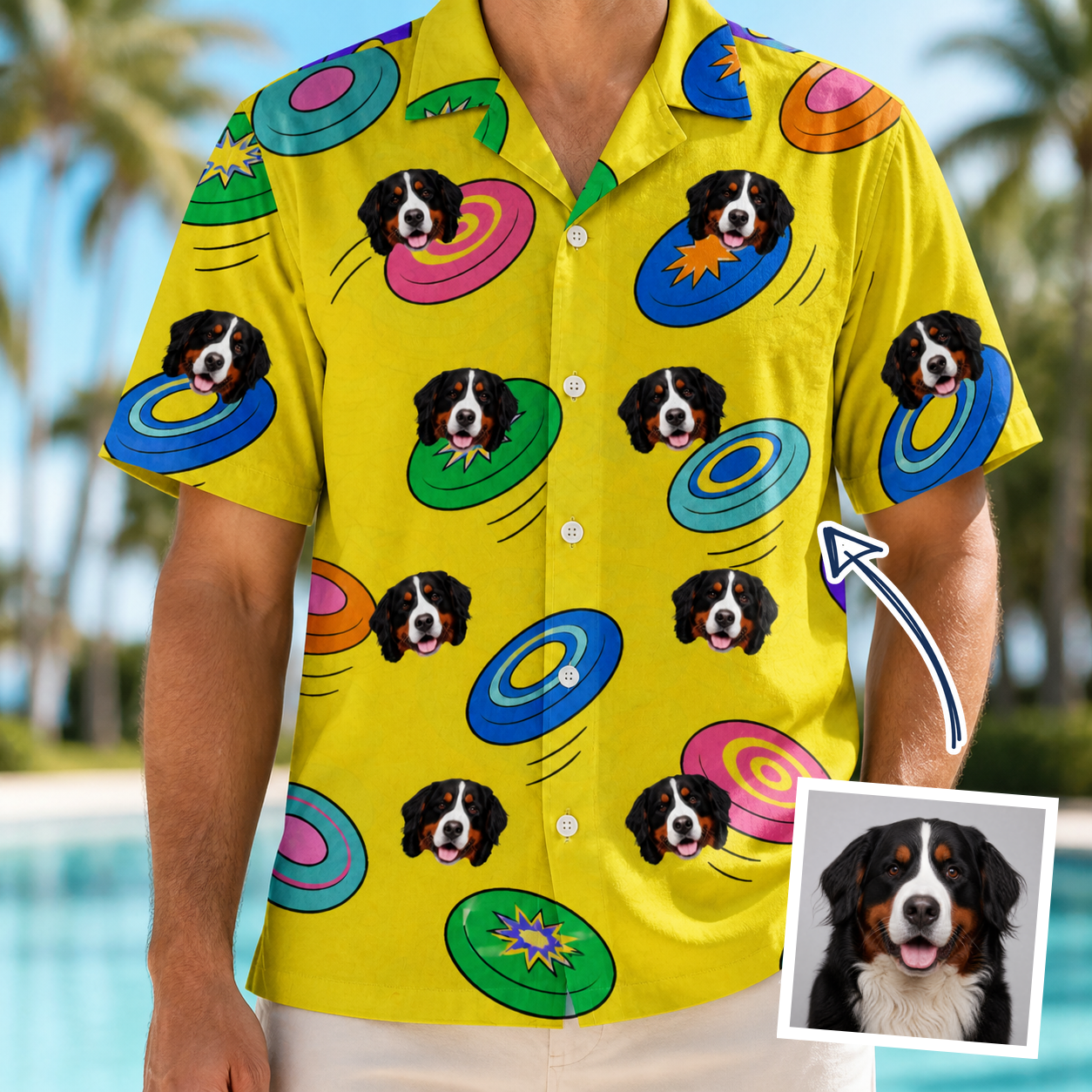 Man wearing Men's Fetch Flight Custom Dog Face Hawaiian Shirt — custom faces printed all-over
