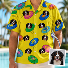 Man wearing Men's Fetch Flight Custom Dog Face Hawaiian Shirt — custom faces printed all-over