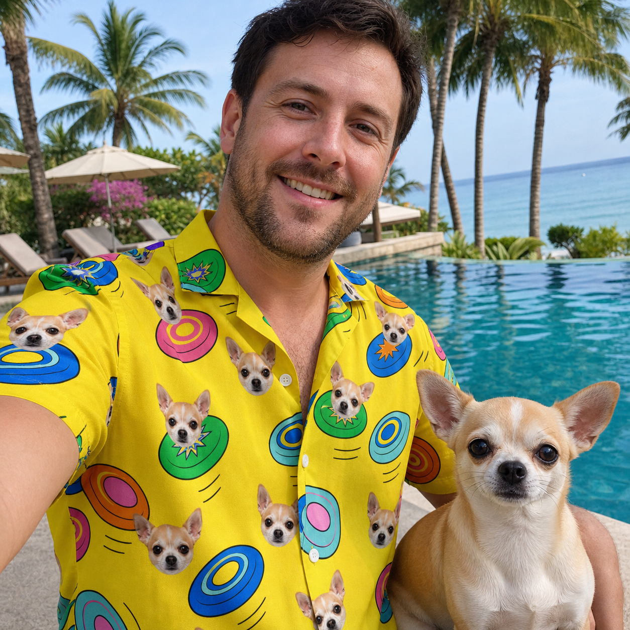Selfie with the pet whose face is printed all over this Men's Fetch Flight Custom Dog Face Hawaiian Shirt