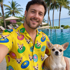 Selfie with the pet whose face is printed all over this Men's Fetch Flight Custom Dog Face Hawaiian Shirt