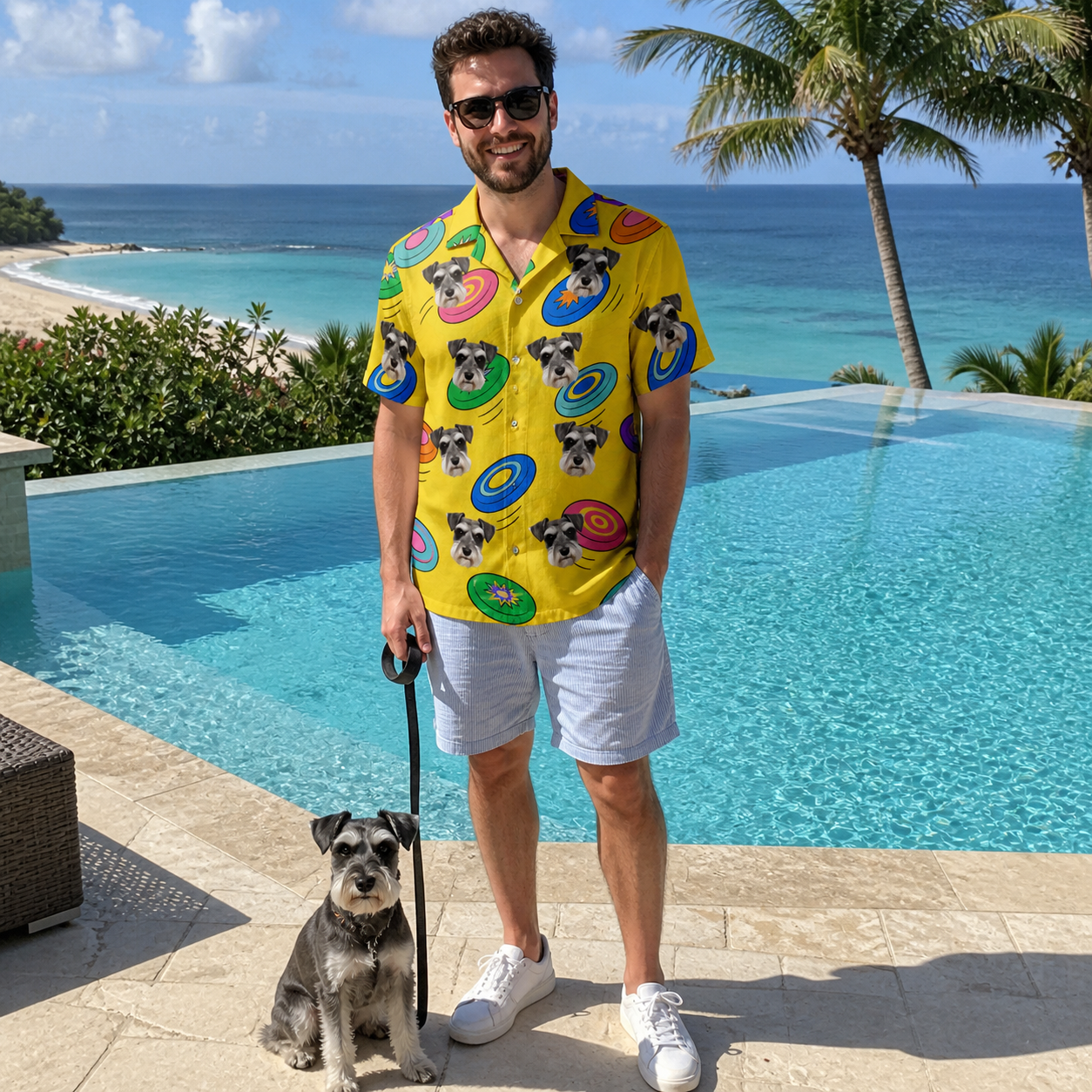 Full-length photo with the pet printed all over this Men's Fetch Flight Custom Dog Face Hawaiian Shirt