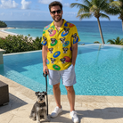 Full-length photo with the pet printed all over this Men's Fetch Flight Custom Dog Face Hawaiian Shirt