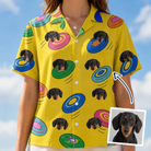 Woman wearing Women's Fetch Flight Custom Dog Face Hawaiian Shirt — custom faces printed all-over