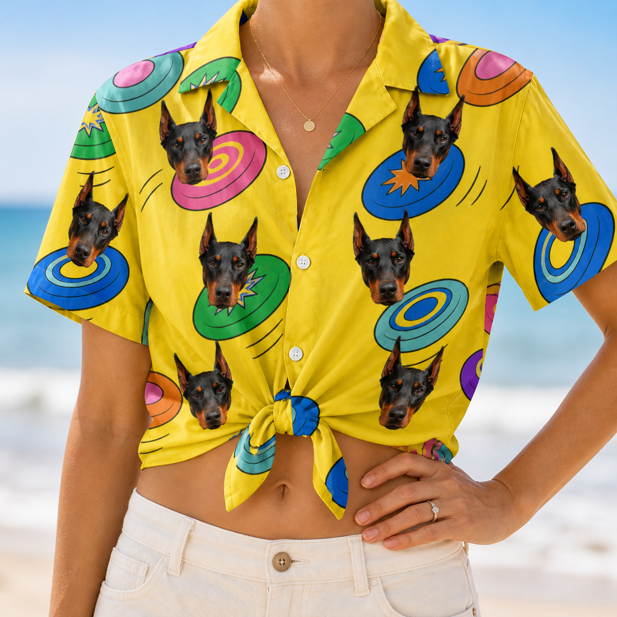 Woman wearing Women's Fetch Flight Custom Dog Face Hawaiian Shirt tied at the waist