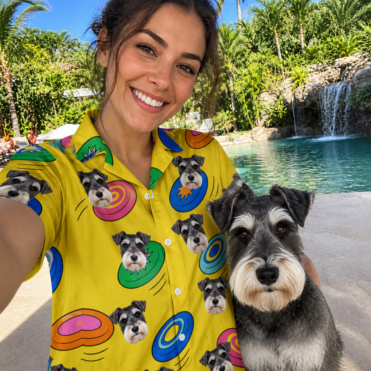 Selfie with the pet whose face is printed all over this Women's Fetch Flight Custom Dog Face Hawaiian Shirt