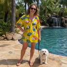 Full-length photo with the pet printed all over this Women's Fetch Flight Custom Dog Face Hawaiian Shirt