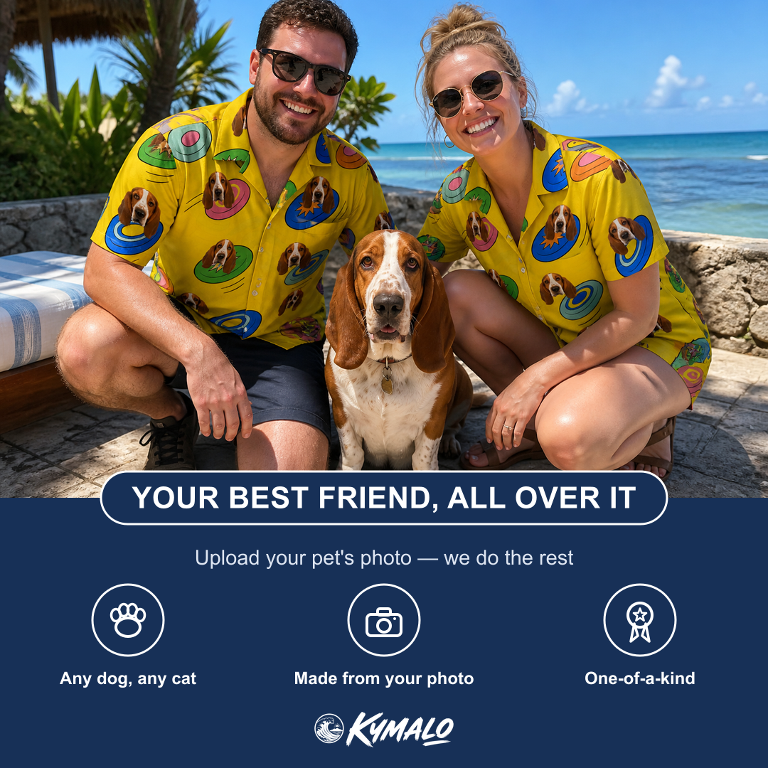 Friends in matching Women's Fetch Flight Custom Dog Face Hawaiian Shirt — a group gift photo