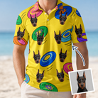 Man wearing Men's Fetch Flight Custom Dog Face Polo Shirt — custom faces printed all-over