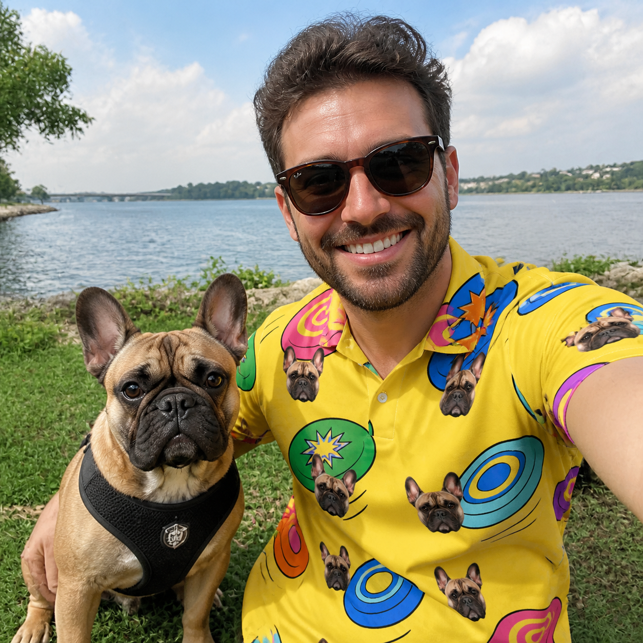 Selfie with the pet whose face is printed all over this Men's Fetch Flight Custom Dog Face Polo Shirt