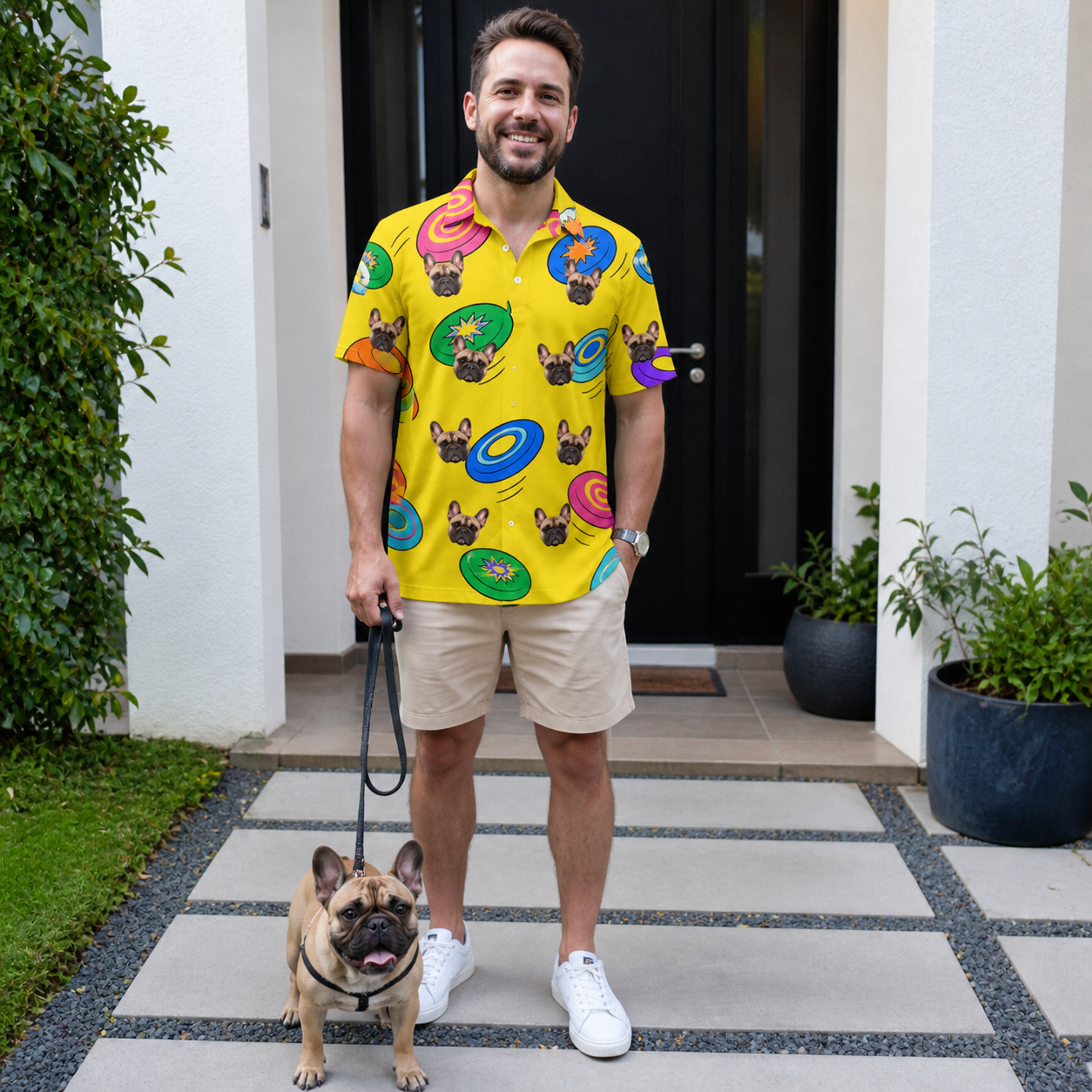 Full-length photo with the pet printed all over this Men's Fetch Flight Custom Dog Face Polo Shirt