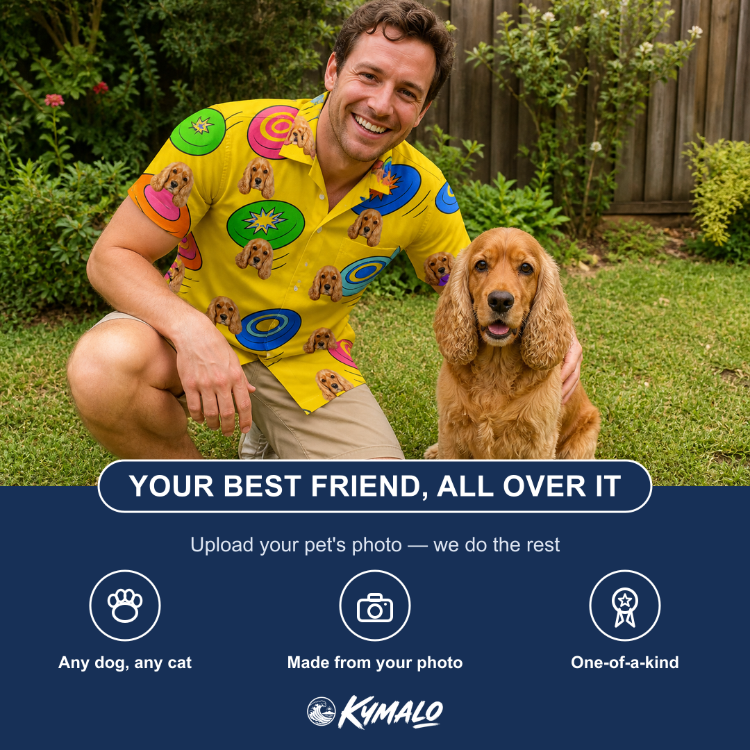 Friends in matching Men's Fetch Flight Custom Dog Face Polo Shirt — a group gift photo