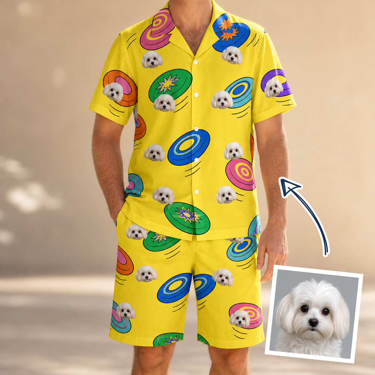 Man wearing Men's Fetch Flight Custom Dog Face Shirt & Shorts Set — custom faces printed all-over