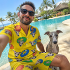 Selfie with the pet whose face is printed all over this Men's Fetch Flight Custom Dog Face Shirt & Shorts Set