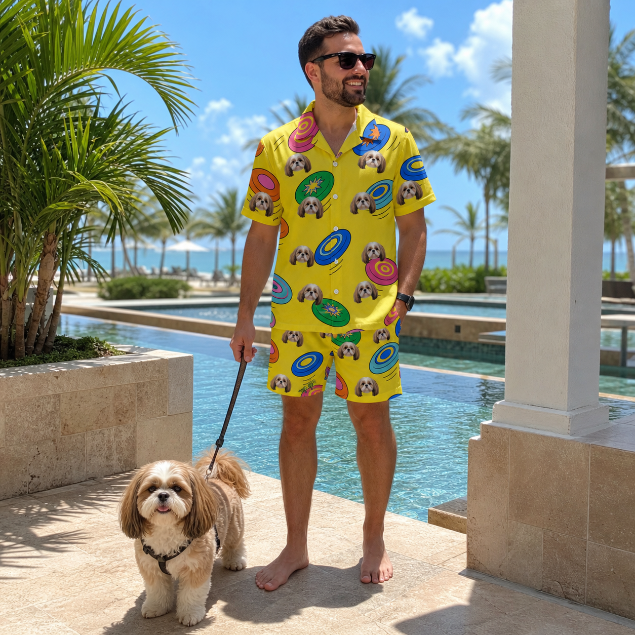 Full-length photo with the pet printed all over this Men's Fetch Flight Custom Dog Face Shirt & Shorts Set
