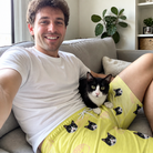 Selfie with the pet whose face is printed all over this Men's Whisker Buffet Custom Cat Face Beach Shorts