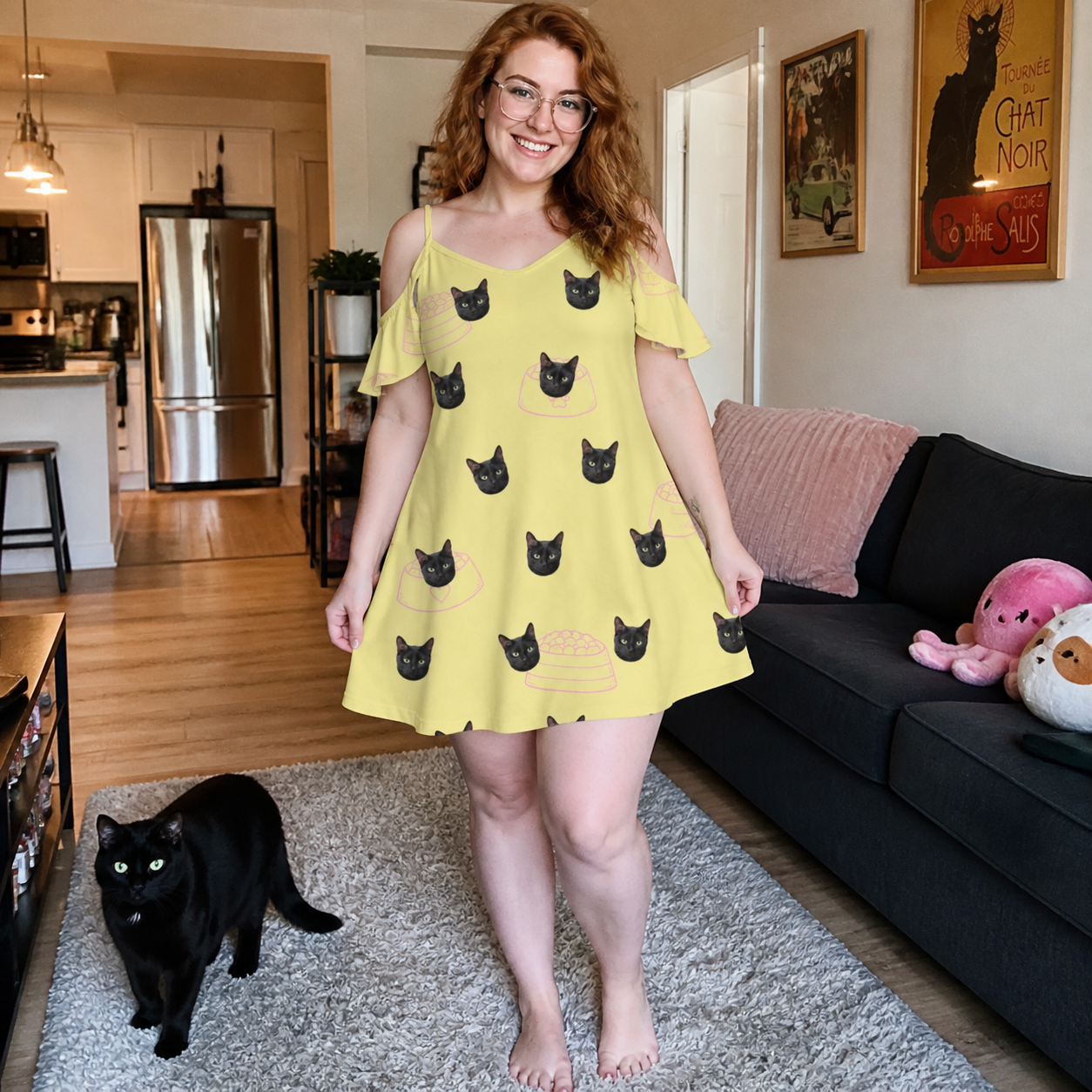 Full-length photo with the pet printed all over this Women's Whisker Buffet Custom Cat Face Off-Shoulder Dress