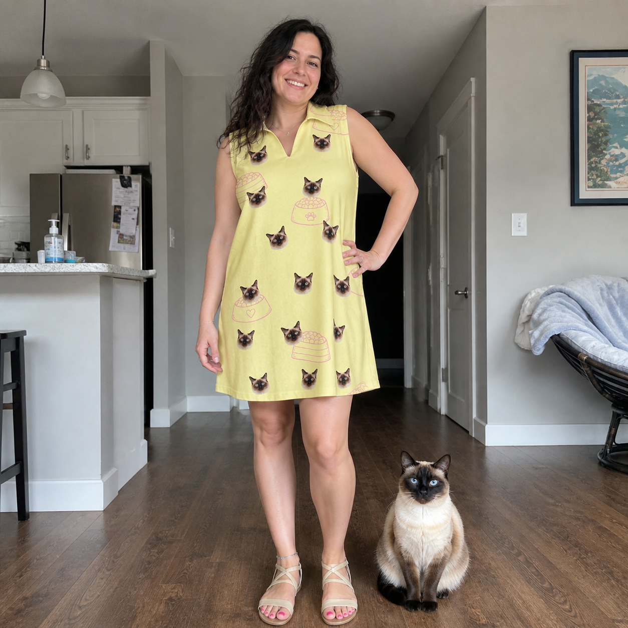 Full-length photo with the pet printed all over this Women's Whisker Buffet Custom Cat Face V-Neck Dress
