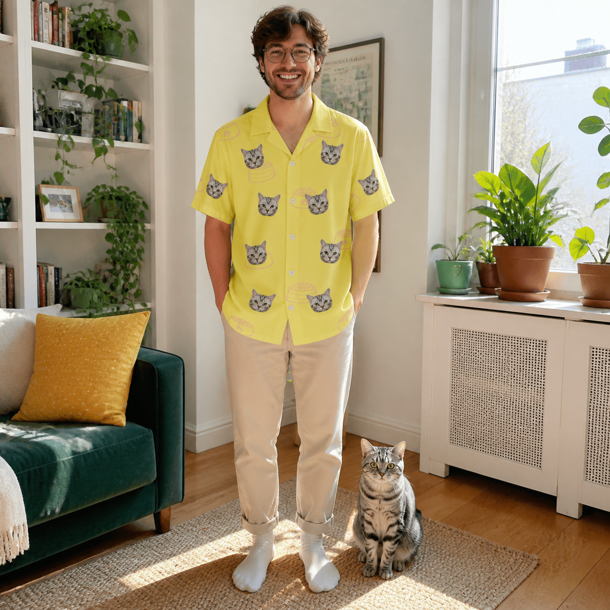 Full-length photo with the pet printed all over this Men's Whisker Buffet Custom Cat Face Hawaiian Shirt