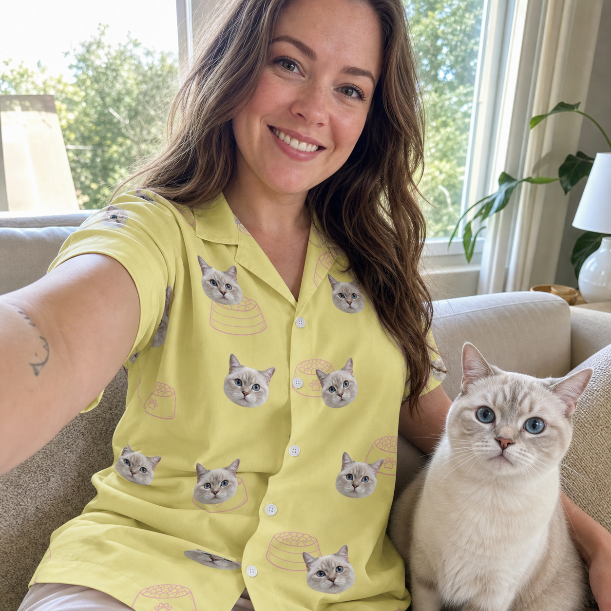 Selfie with the pet whose face is printed all over this Women's Whisker Buffet Custom Cat Face Hawaiian Shirt