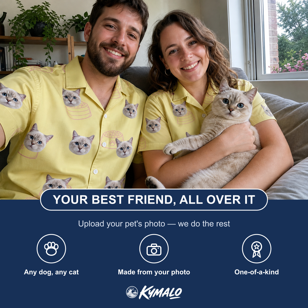 Friends in matching Women's Whisker Buffet Custom Cat Face Hawaiian Shirt — a group gift photo