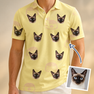 Man wearing Men's Whisker Buffet Custom Cat Face Polo Shirt — custom faces printed all-over