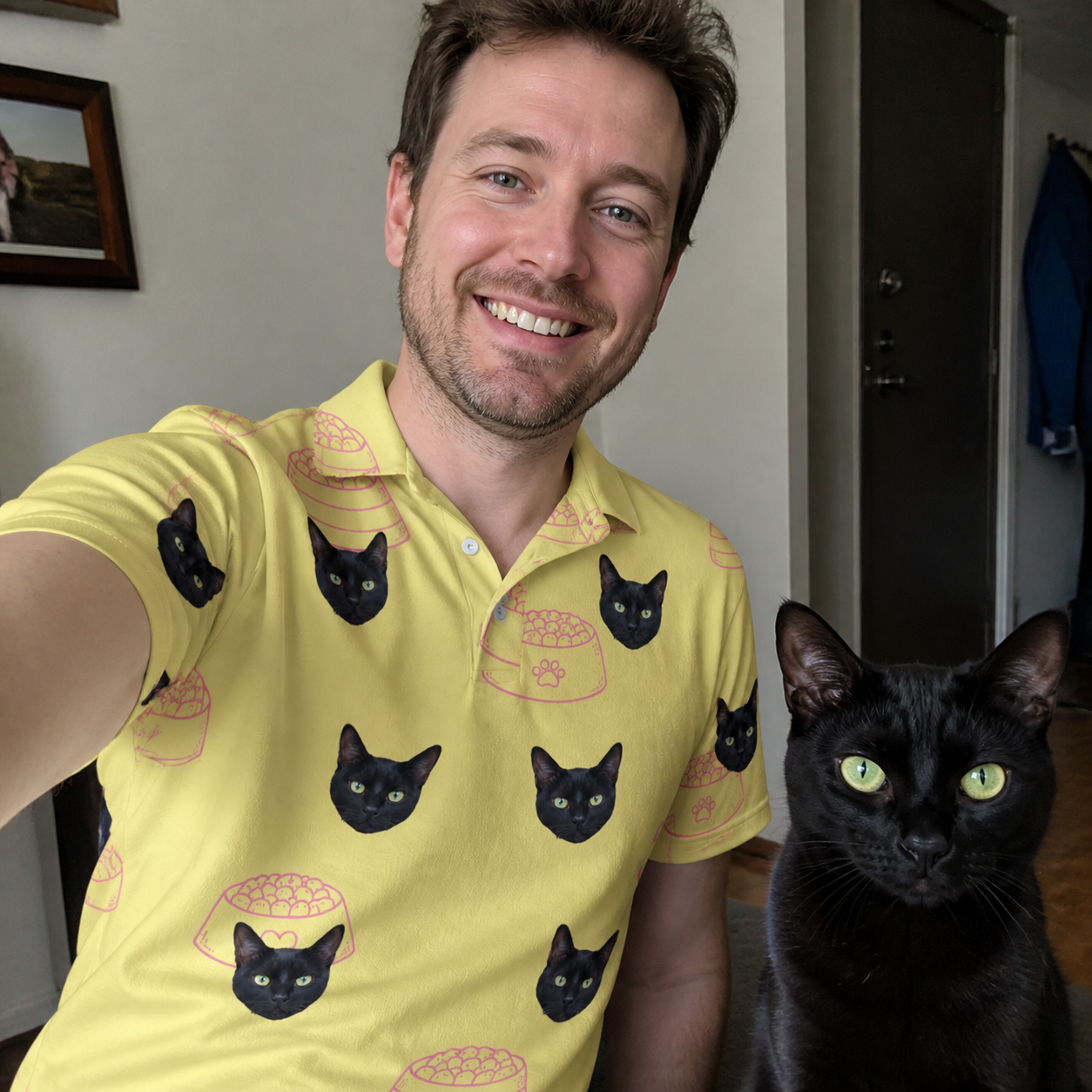Selfie with the pet whose face is printed all over this Men's Whisker Buffet Custom Cat Face Polo Shirt