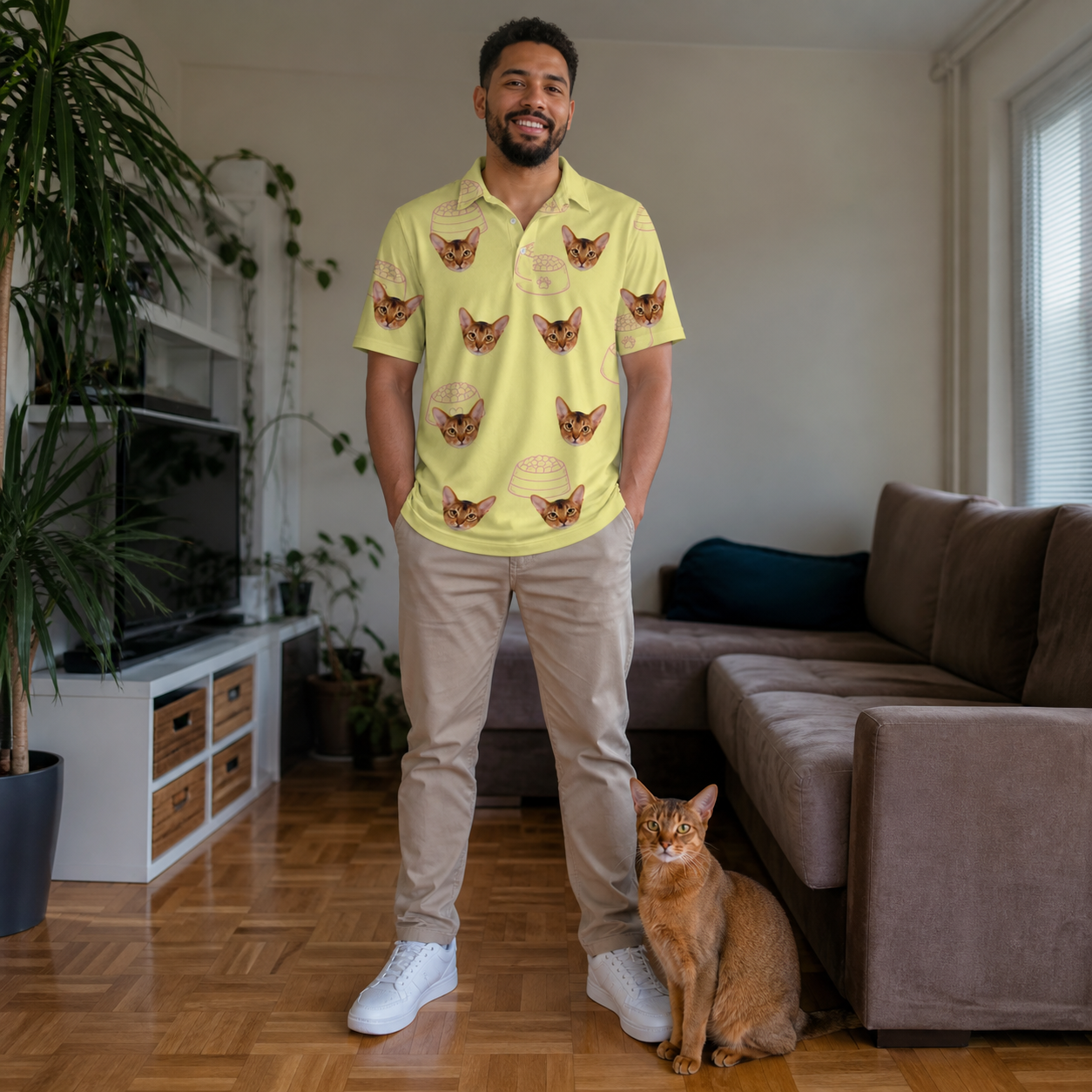 Full-length photo with the pet printed all over this Men's Whisker Buffet Custom Cat Face Polo Shirt