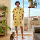 Full-length photo with the pet printed all over this Men's Whisker Buffet Custom Cat Face Shirt & Shorts Set