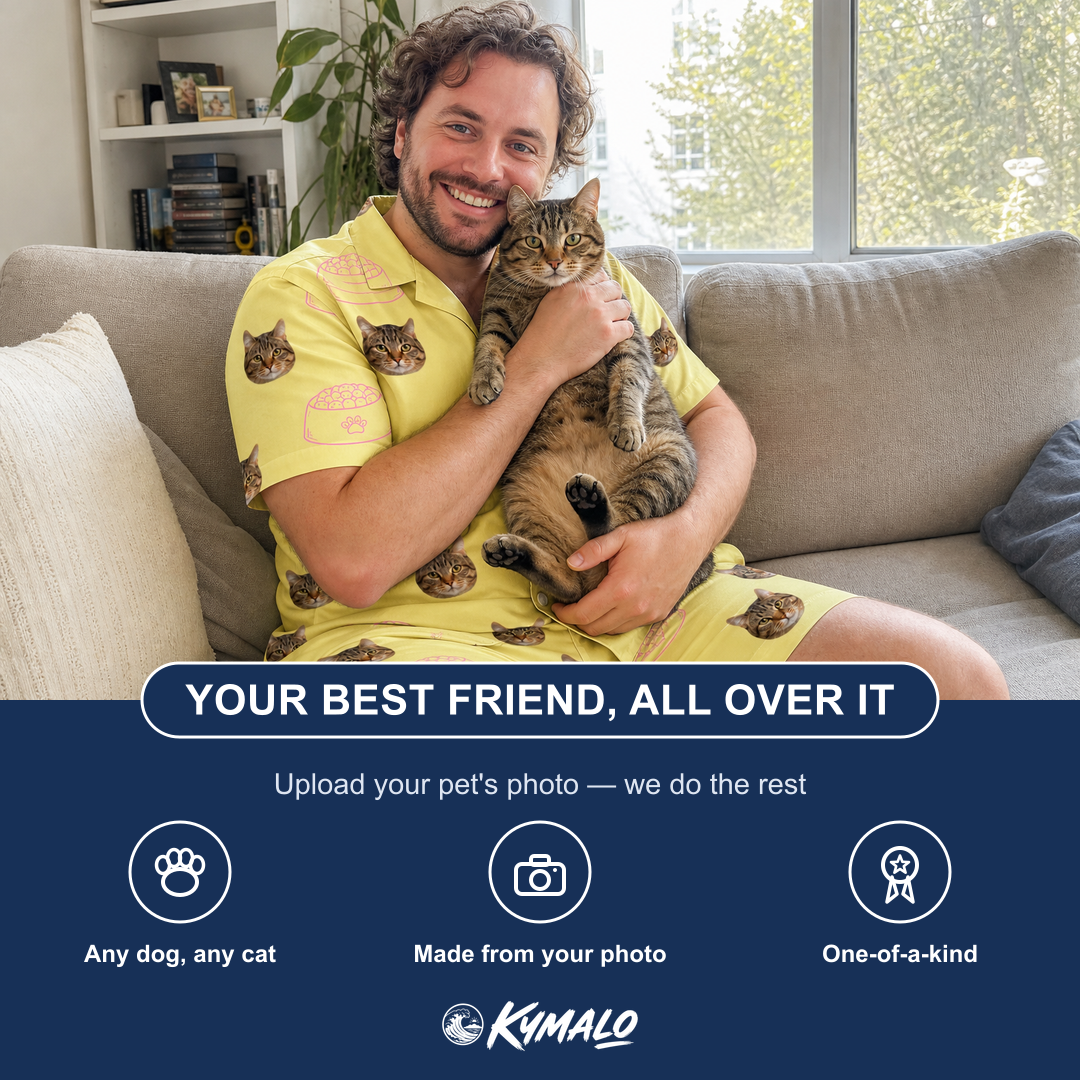 Friends in matching Men's Whisker Buffet Custom Cat Face Shirt & Shorts Set — a group gift photo