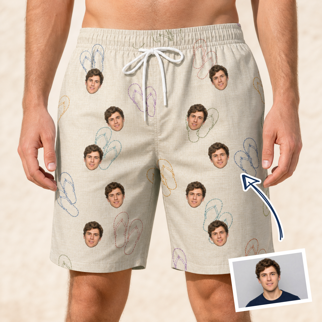 Man wearing Men's Kin Kicks Custom Face Beach Shorts — custom faces printed all-over