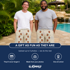 Friends in matching Men's Kin Kicks Custom Face Beach Shorts — a group gift photo
