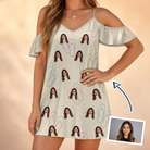 Woman wearing Women's Kin Kicks Custom Face Off-Shoulder Dress — custom faces printed all-over