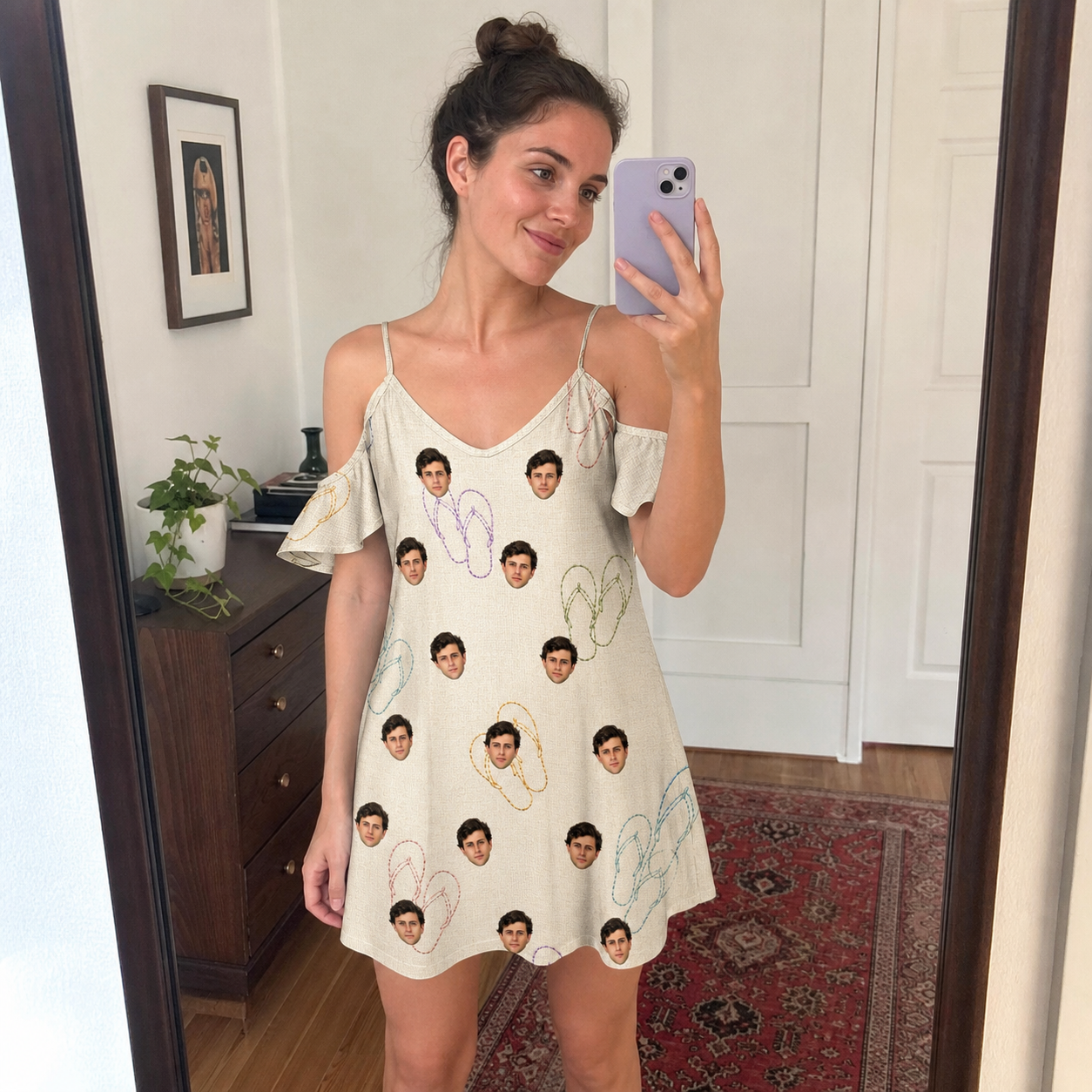 Real-life photo of someone wearing Women's Kin Kicks Custom Face Off-Shoulder Dress — custom faces printed all-over