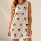 Model wearing Women's Kin Kicks Custom Face Tank Dress printed with kids' faces