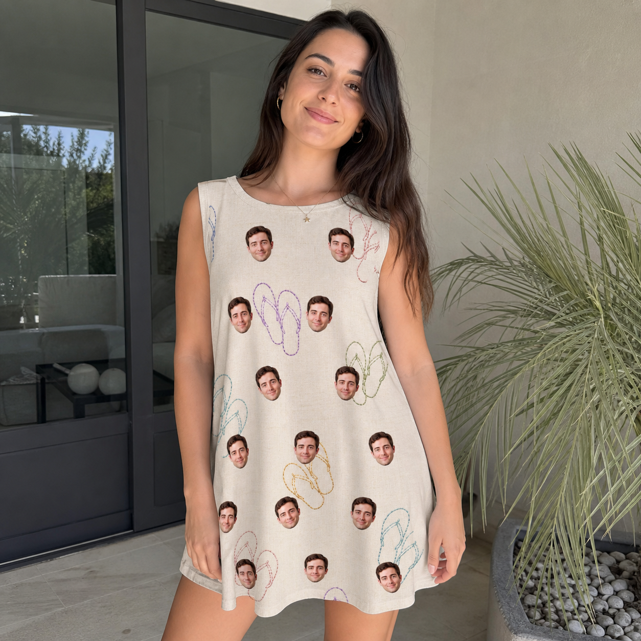 Real-life photo of someone wearing Women's Kin Kicks Custom Face Tank Dress — custom faces printed all-over