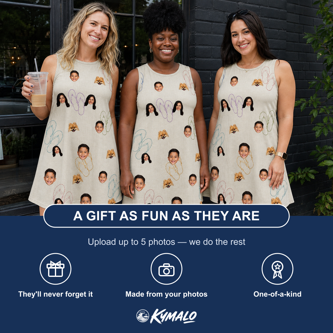 Friends in matching Women's Kin Kicks Custom Face Tank Dress — a group gift photo