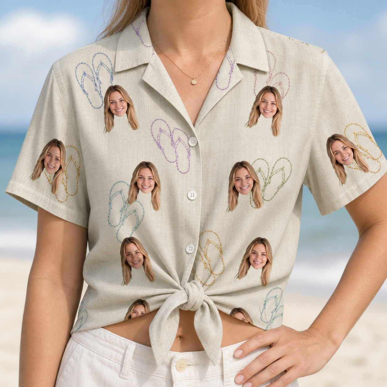 Woman wearing Women's Kin Kicks Custom Face Hawaiian Shirt tied at the waist