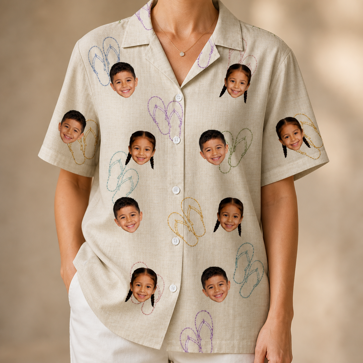Model wearing Women's Kin Kicks Custom Face Hawaiian Shirt printed with kids' faces