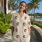 Real-life photo of someone wearing Women's Kin Kicks Custom Face Hawaiian Shirt — custom faces printed all-over