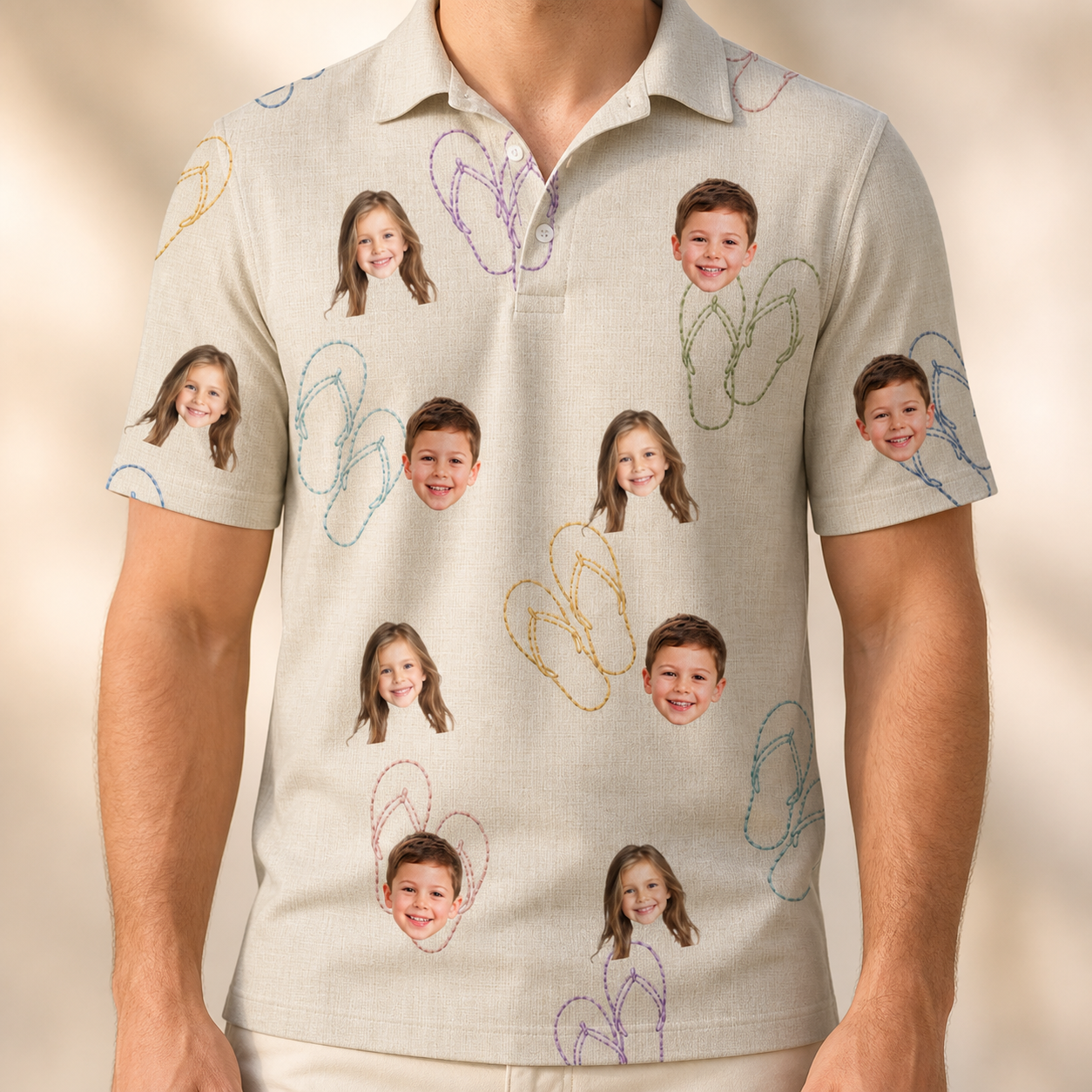 Model wearing Men's Kin Kicks Custom Face Polo Shirt printed with kids' faces