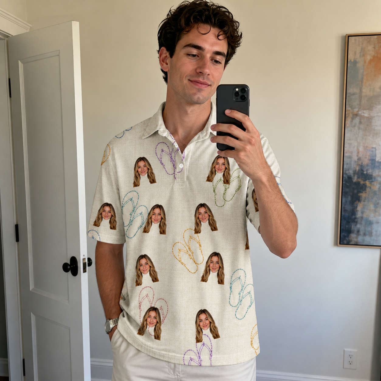 Real-life photo of someone wearing Men's Kin Kicks Custom Face Polo Shirt — custom faces printed all-over