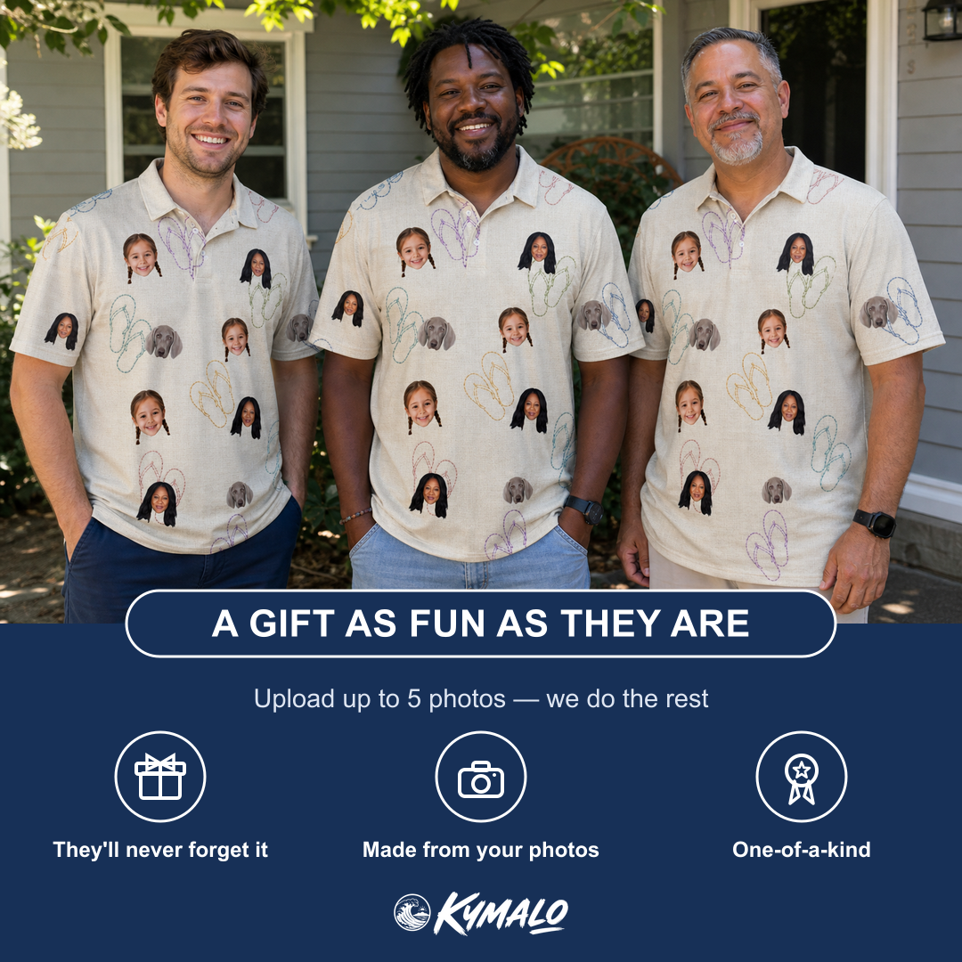 Friends in matching Men's Kin Kicks Custom Face Polo Shirt — a group gift photo