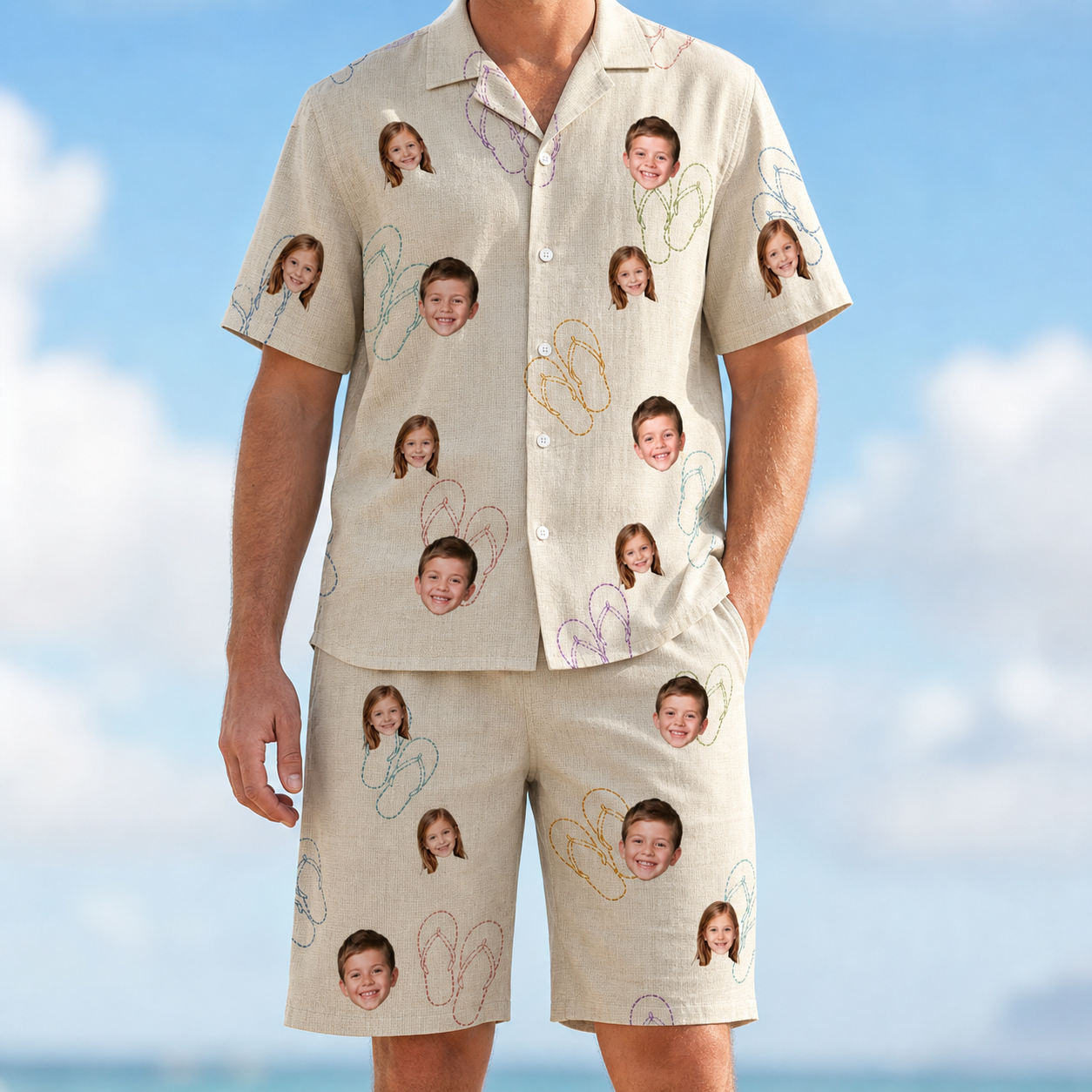 Model wearing Men's Kin Kicks Custom Face Shirt & Shorts Set printed with kids' faces