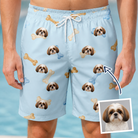 Man wearing Men's Molar Morsels Custom Dog Face Beach Shorts — custom faces printed all-over