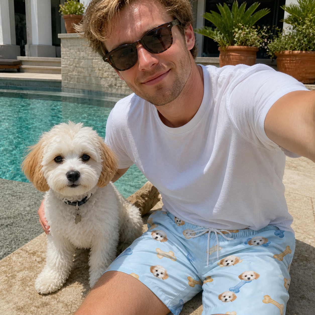 Selfie with the pet whose face is printed all over this Men's Molar Morsels Custom Dog Face Beach Shorts