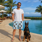 Full-length photo with the pet printed all over this Men's Molar Morsels Custom Dog Face Beach Shorts